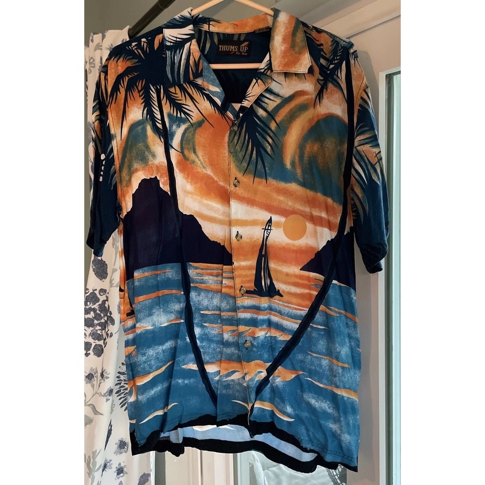 Vintage 1990s Thumbs Up Button Down Rayon Hawaiian Vacation Shirt Mens L